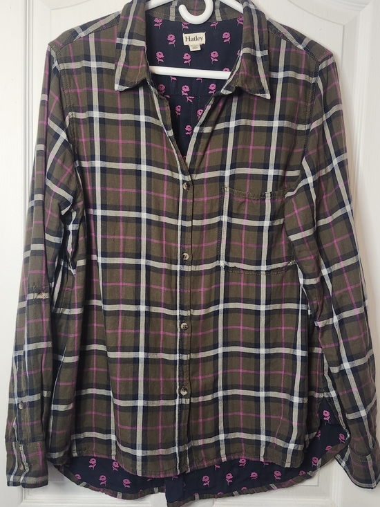 Hatley Tops - Hatley Olive and Navy Plaid Shirt with Pink Floral Lining